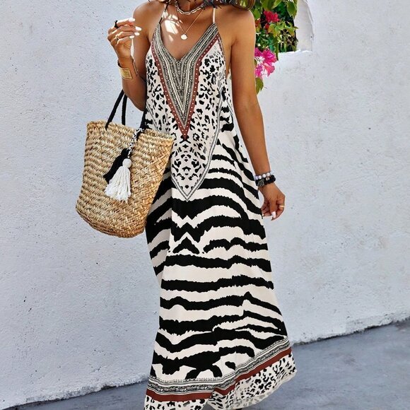 White Boho Womens Animal Print Backless Halter Neck Dress - Picture 1 of 5